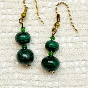 Green Malachite Beaded Wire Drop Earrings